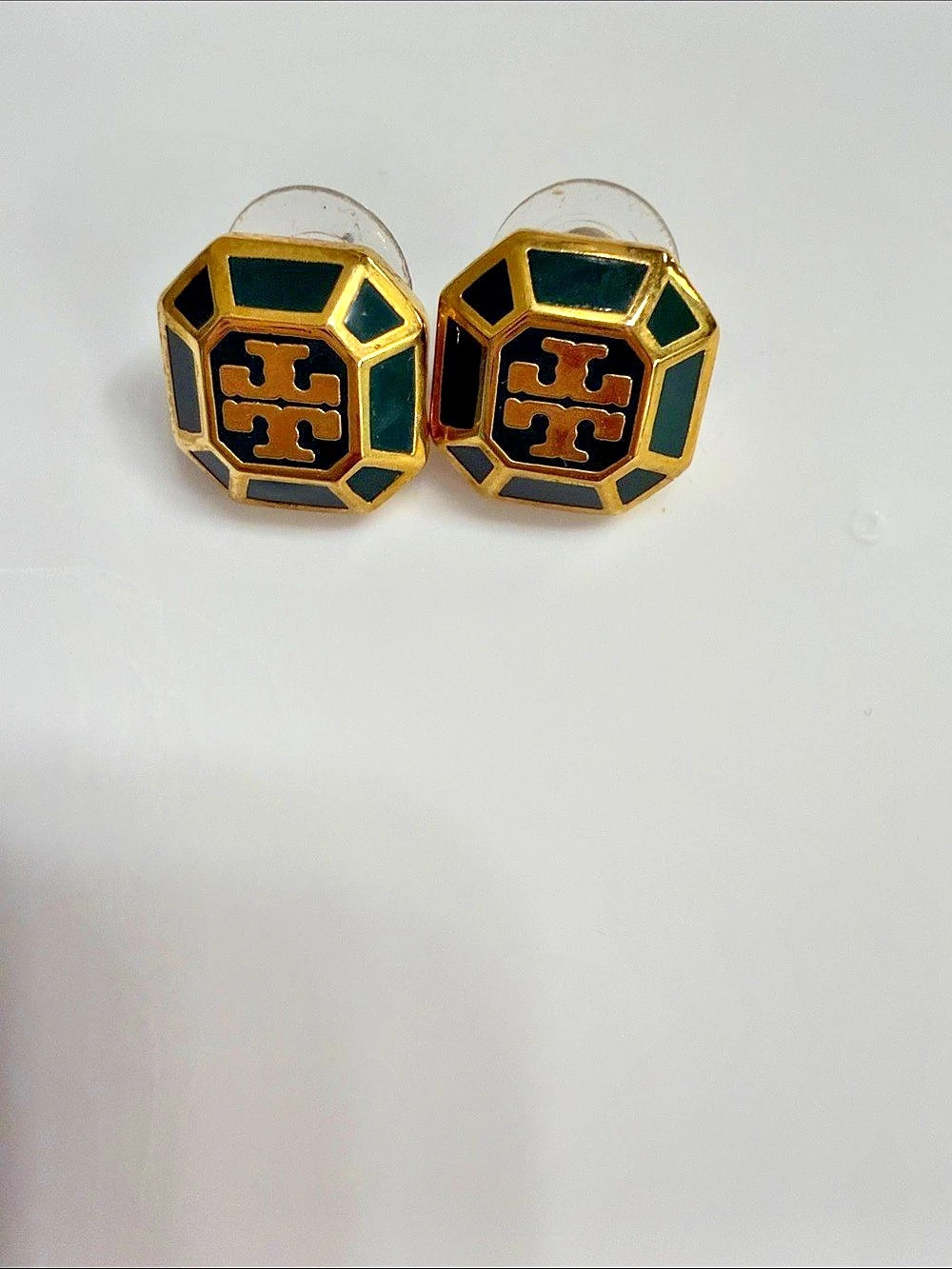 Tory Burch Audrina Enamel Logo Stud Earrings Green & Gold